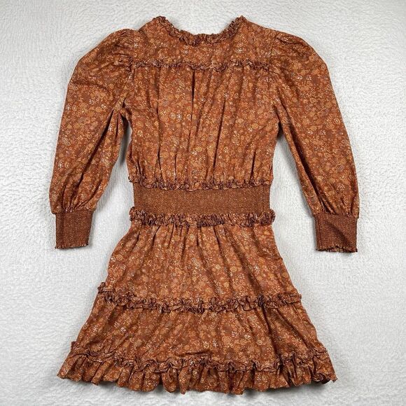 House of Harlow Dress Womens XL Orange Tiered Smocked Peasant Puff Sleeve Mini‎ - Picture 3 of 13